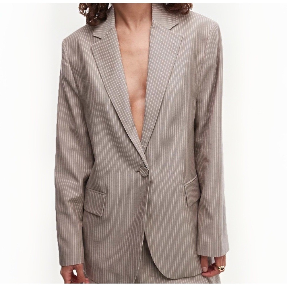 MNG Mango Brown Pinstripe Blazer Sz XL Neutral Tailored Light Academia Old Money